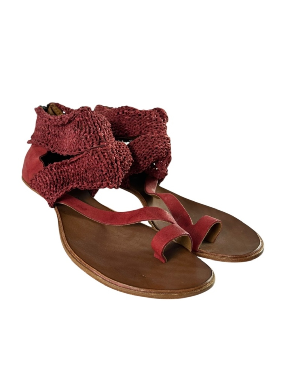 Vintage CYDWOQ Red Leather Turret Braided Sandals USA Women's Size 40 10 US